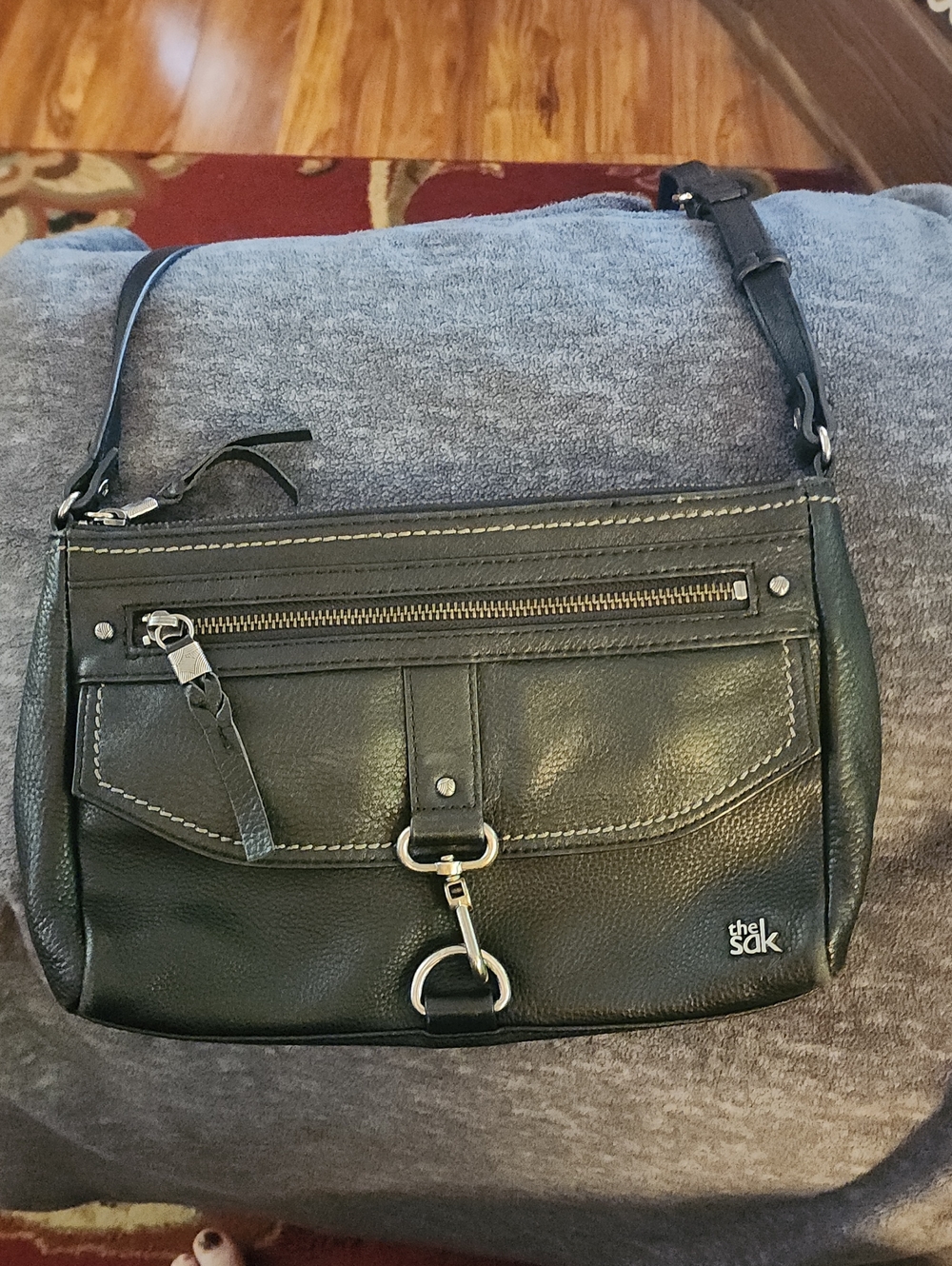 The Sak Black Leather Shoulder Crossbody with Front Flap and Zip Pocket